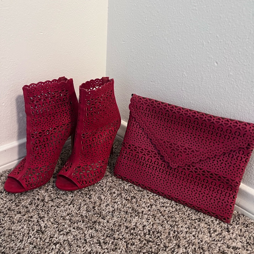 Elegant Red Lace Booties and Clutch Set